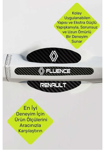 Araç Modeline Özel Renault Fluence Karbon Kapı Kolu Koruma Seti Beyaz Yazılı 8 Parça Şık Tasarım