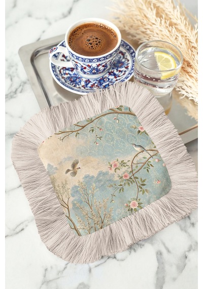 Lüks Kuşlu Çiçekli Püsküllü Sunum Peçetesi-pastoral Vintage Mavi Pembe Krem Bardak Altlığı Mendil Çok Renkli