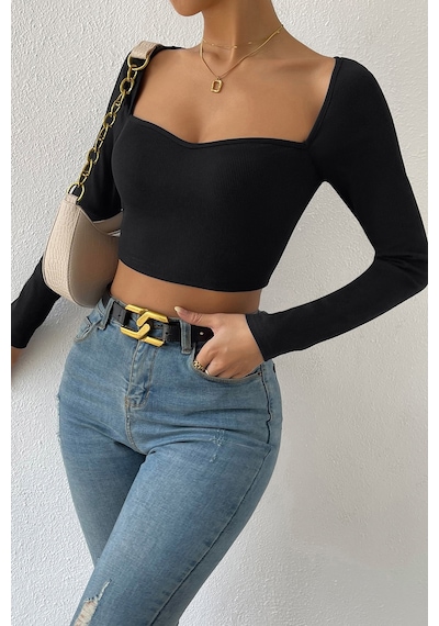 Angbutik Kadın Siyah Uzun Kol Göğüs Dekolteli Şık Crop Top Bluz