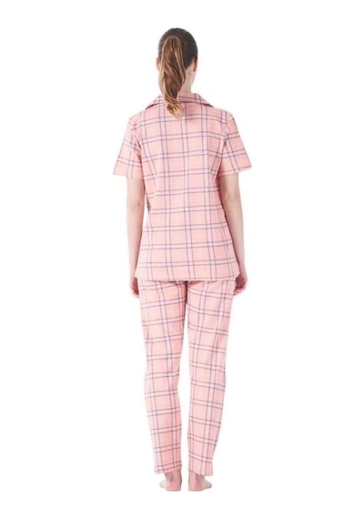 Estiva Kareli Desen Önden Düğmeli Bayan Pijama Takım Pembe