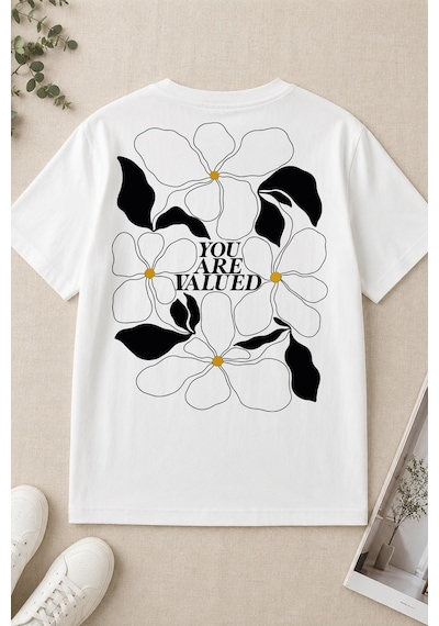 Spoyi Değer Çiçeği Tasarımlı %100 Pamuk Yarım Oversize Beyaz T-shirt