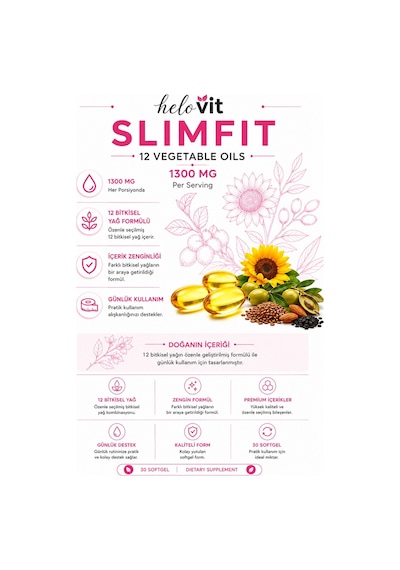 Helovit Slimfit 1300 Mg 12 Bitkisel Yağ İçeren Takviye Ve Yağ Yakım Desteği 30 Softjel