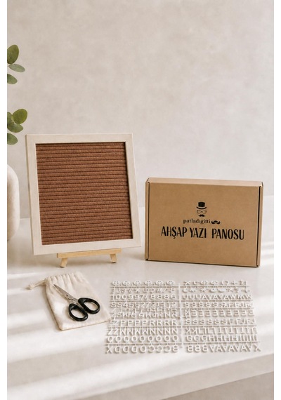 Woodart Premium Letter Board Seti, Ceviz Kahve Keçe Yüzeyli Doğal Çam Ahşap Yazı Panosu Şövale Standlı Dekoratif Set Kahverengi