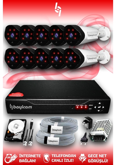 Bayicam 10 Kameralı Uzay 10 Dış Kamera Set 2 TB HDD Full HD Gece Görüşlü Güvenlik Kamerası Sistemi