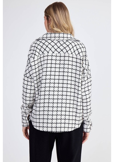 Vitrin Kapak Cepli Desenli Oversize Gömlek Ekru