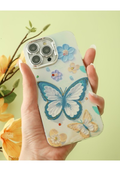 Apple Uyumlu iPhone 15 Promax Lens Korumalı Simli Kelebekli Çiçekli Kılıf