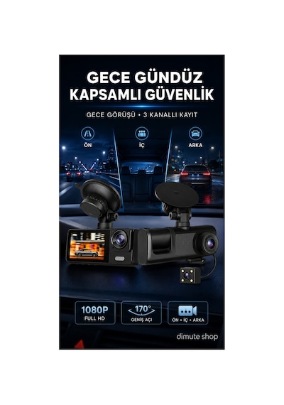 3 Kameralı Araç İçi Güvenlik Kamerası 1080p Full Hd Gece Görüşlü G-sensor Destekli - 784023332