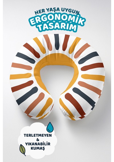 Etnik Renkli Ergonomik Boyun Yastığı - Modern Çizgi Desen Hardal Turuncu Gri Seyahat Yastığı Canlı Kanyon Kömür