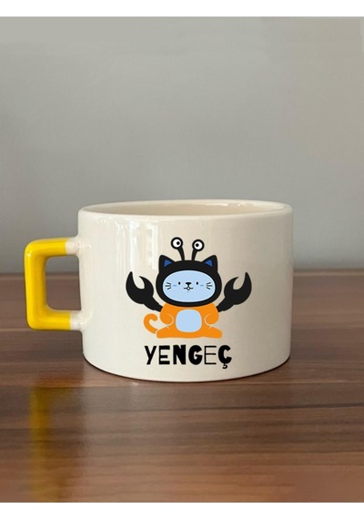 Yengeç Burcu Ve Onla Alakalı Komik Açıklama Simgesi Baskılı Sarı Kulplu C Fincan