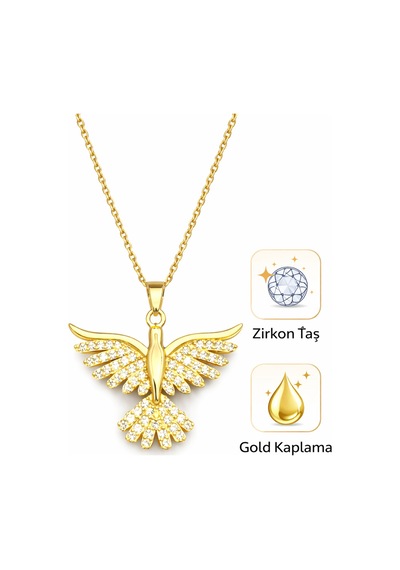 Taşlı Melek Kanadı Kolye Gold Renk Zirkon Taşlı Kadın Kolye Gold