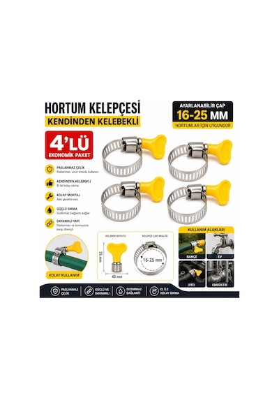 Hortum Kelepçesi 4 Adet Plastik Kelebek Bağlantılı Paslanmaz Çelik Metal Hortum Kelepçesi 16-25 Mm Ayarlanabilir El Sı 1