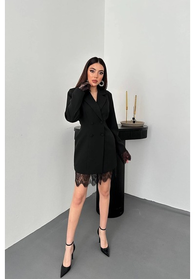 Cemo Kadın Kruvaze Yaka Dantel Detaylı Blazer Elbise Siyah