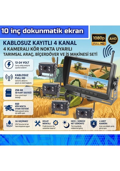 10 İnç Dvr 4 Kameralı Kablosuz Dokunmatik Ahd 1080p Bsd Kör Nokta Uyarı 12 24 Volt