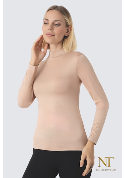 Nt Underwear Kadın Bambu Balıkçı Yaka Uzun Kol Body Hafif, Rahat Ve Şık Bej