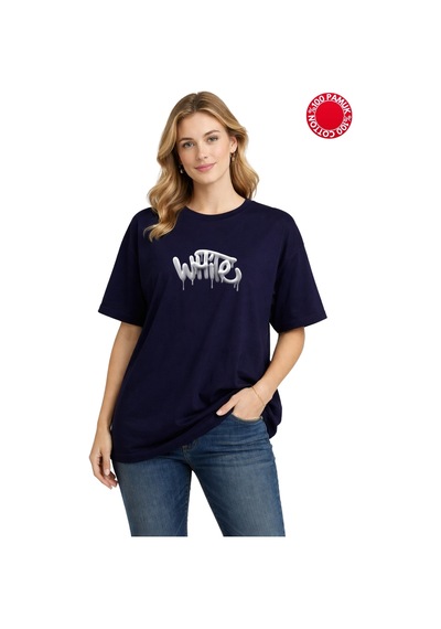Whıte Baskılı Lacivert Oversize Tişört - %100 Pamuk Lacivert