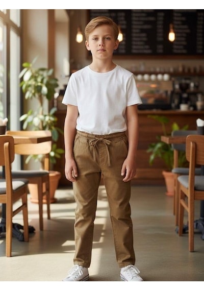 Zekids Erkek Çocuk Esnek Kumaş Beli Lastikli Pantolon-16399 Bej