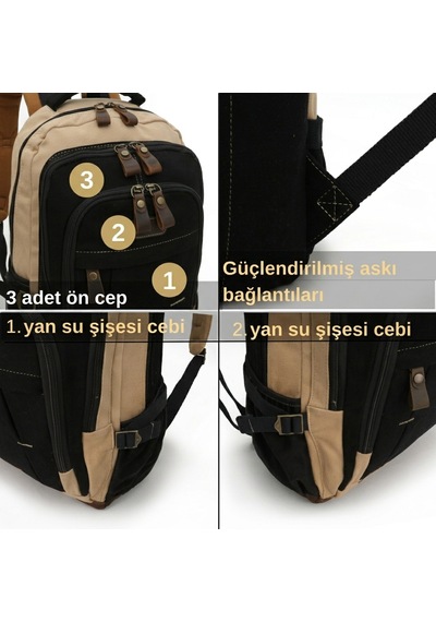 Cappadocia Vintage 4022 Vintage Sırt Çantası, 15.6 İnç Bilgisayar Bölmeli, Geniş Hacimli Hakiki Deri Detaylı Pamuklu Okul Ve Seyahat Çantası Krem Siyah