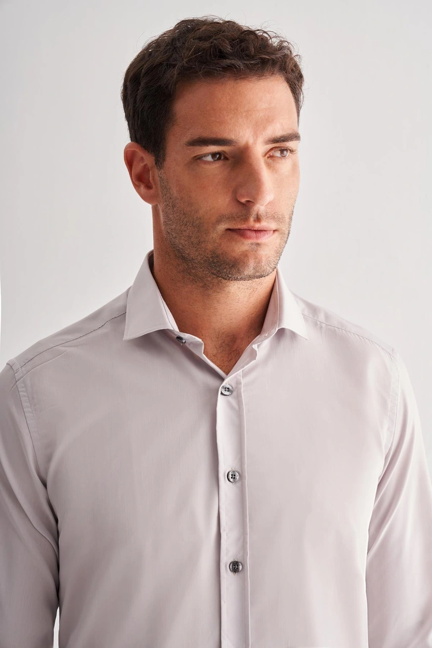 İmza Taş Rengi Yarım İtalyan Yaka Uzun Kol Easy To Iron Slim Fit Pamuklu Gömlek 1004255301 - Taş Rengi