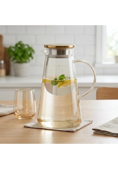 Deconox Borosilikat Cam Sürahi 1.9 Litre - Isıya Dayanıklı, Gold Renk Luster Boyalı Ve Paslanmaz Çelik Süzgeçli