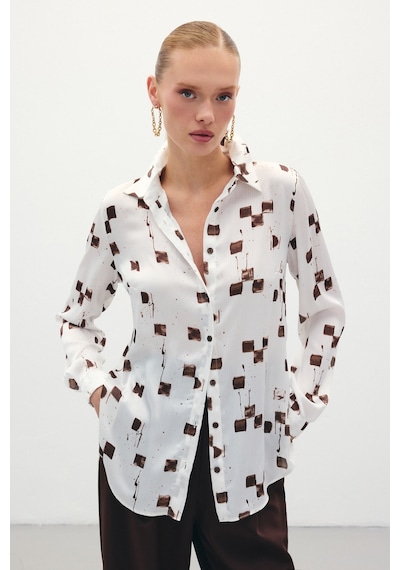 Sateen Desenli Klasik Gömlek - Kahve-136232 Kahve