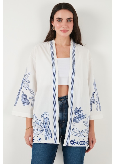 Lela Nakış Işlemeli Pamuklu Oversize Fit Truvakar Kol Bayan Kimono 676302 Ekru