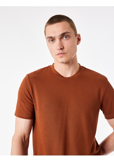 Koton Bisiklet Yaka Viskon Karışımlı Kısa Kollu Basic Slim Fit Tişört Kiremit 6sam10285mk