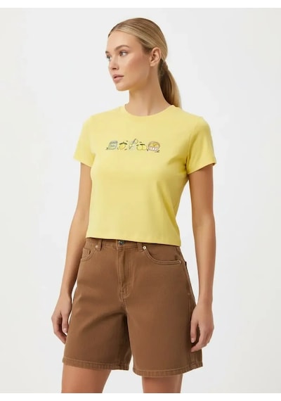 Park Karon 26025 Pamuk Desenli Crop Boy Bisiklet Yaka Örme Bluz Sari 40