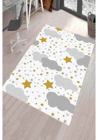 Gri Kaymaz Tabanlı Yıkanabilir Bulutlu Bebek Halısı Kd025n11