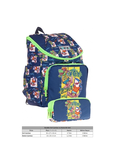 Kaukko Lacivert Yeşil, Dinazor Temalı, Erkek Çocuk Okul Çantası Ve Kalem Çantası Seti - L5256+l8256 Yeşil