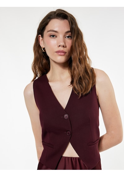 Koton V Yaka Düğmeli Blazer Yelek Bordo 6wak20022pw Bordo