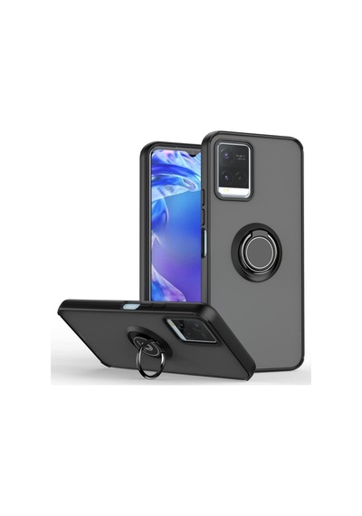 Vivo V21e Uyumlu Kılıf Yüzüklü Standlı Extra Darbe Koruma Sert Silikon Kapak - Siyah Siyah