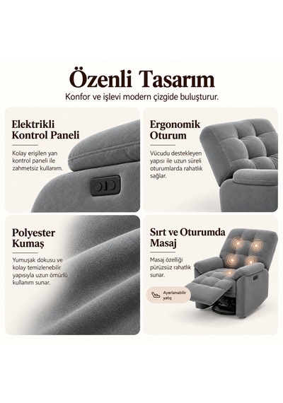 Smarto Relax Porto Masajlı Elektrikli Döner Sallanan Tv Koltuğu Kontrol Panelli Ergonomik Polyester Baba Koltuğu Gri Smarto Relax Porto Masajlı Elektrikli Döner Sallanan Tv Koltuğu Kontrol Panelli Ergonomik Polyester Baba Koltuğu Gri