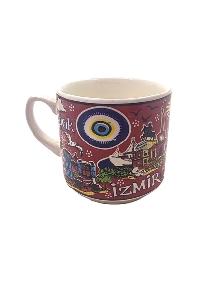 El İşçiliği Ve İzmir Temalı Çini Kupa Kırmızı