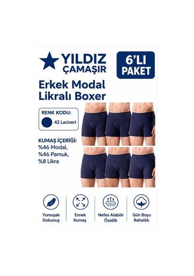 Yıldız Çamaşır Erkek Modal Likralı Boxer 36-37-38-39-40-41-42 - 6 Adet Lacivert