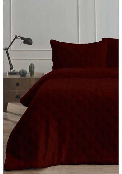 Ak Home Textile Diamond 3 Parça Pietra Çift Kişilik Kürk Comforter Yorgan Seti - 220x240 Cm - Orijinal Çantalı Bordo