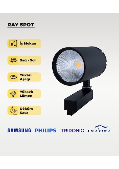 40w Döküm Kasa Siyah Ray Spot 3200k Sarı Işık - Titreşim Yapmaz Siyah
