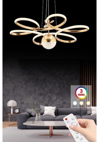 İstanbul Avize Papatya Gold 3 Renk Ledli Kumandalı Modern Led Avize Gold