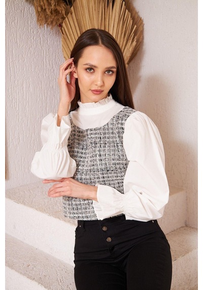 Darlin Moda Gri Tüvit Detaylı Uzun Kollu Bluz Dm9000 Gri