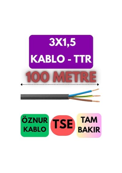 Öznur 3x1,5 Ttr Kablo Metre Seçenekli Siyah - 100 Metre