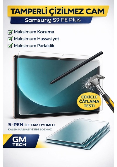 Samsung Tab S9 Fe Plus + Için Tamperli Ekran Koruyucu Kalemle Uyumlu Kırılmaz Cam