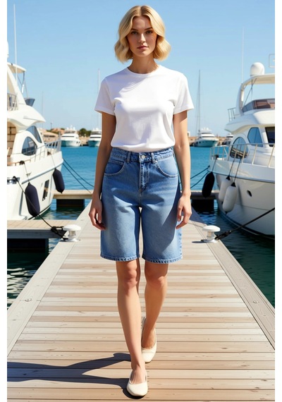 Benerly Kadın Yüksek Bel Bermuda Düz Denim Boru Paça Kısa Boy Rigid Dokum mavi
