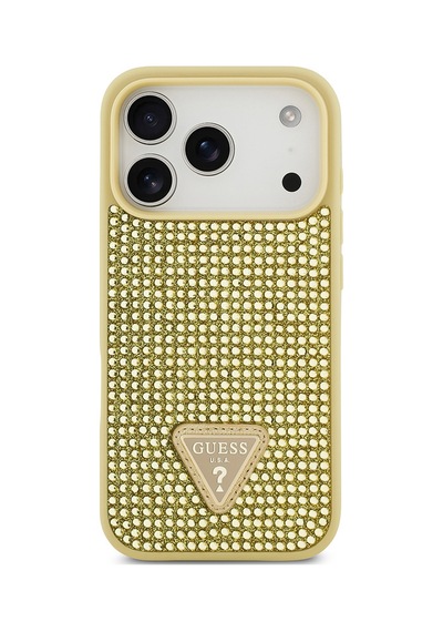 Apple Uyumlu iPhone 17 Pro Kılıf Guess Lisanslı Taşlı Arka Yüzey Üçgen Logolu Kapak Gold