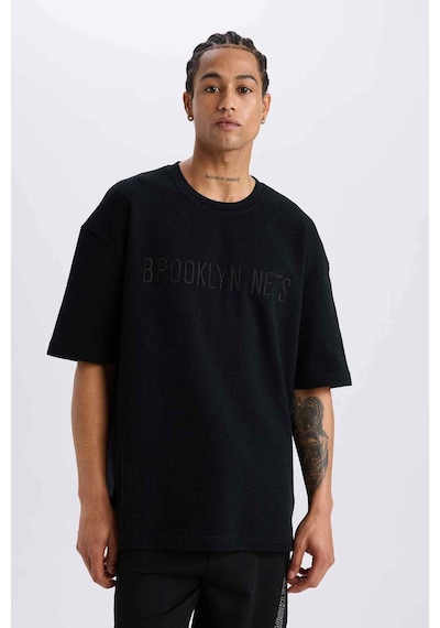 DeFactoFit NBA Brooklyn Nets Oversize Geniş Kalıp Bisiklet Yaka Kısa Kollu Waffle Tişört D8504AX25SPBK81