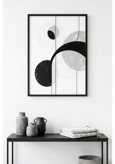 Doğal Ahşap Çerçeveli Geometrik Siyah Beyaz Desenli Tablo - Modern Huhu1224