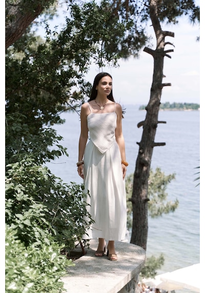 Mai Collection Mai Studios Co. Kita Üçgen Detay Çizgili Ekru Keten Crop Ekru