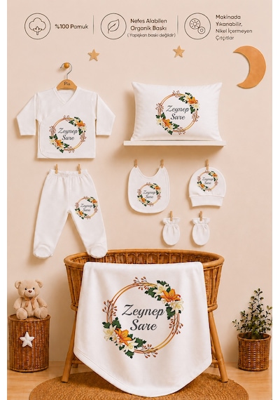 Pia Baby Kız Bebek Yeni Doğan Hastane Çıkışı 11 Parça İsimli %100 Pamuk Organik Baskılı Set 1118110x Ekru