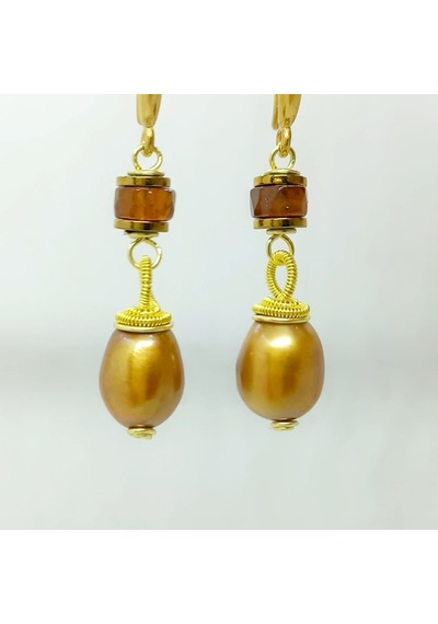 2629 Doğal İnci Hossanite Garnet Hematit El Yapımı Küpe Açık Gold