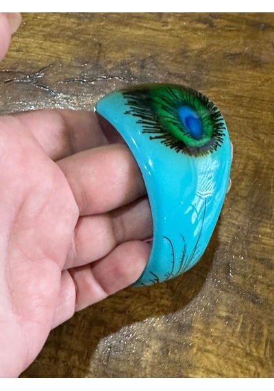 Tavus Kuşu Kanadı Desenli Kemik Kadın Hint Bileziği Çap 7 Cm Turkuaz