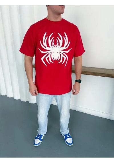 Defymoda Erkek Örümcek Baskılı Tişört Kısa Kollu Bisiklet Yaka T-shirt - Kırmızı
