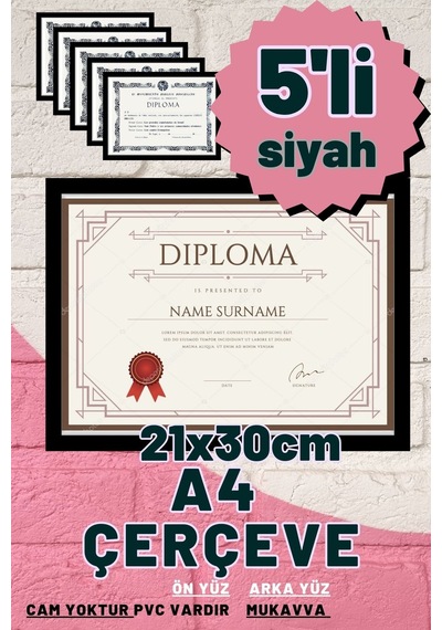 Siyah-5 Adet A4 Çerçeve Diploma Belge Sertifika Fotoğraf Resim Çerçevesi Pvc 5 Li Siyah